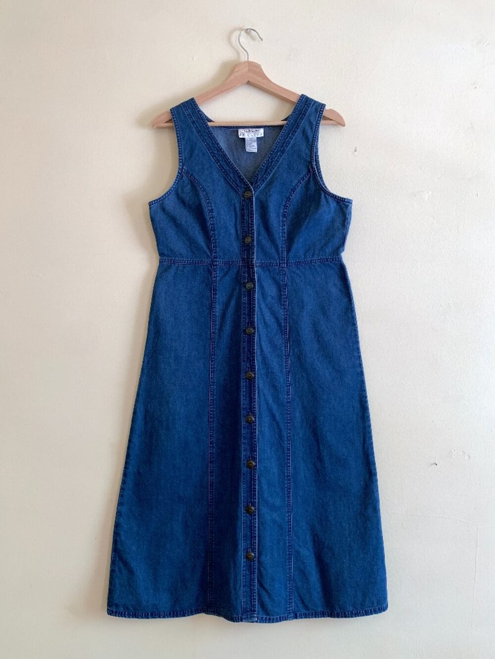 Vintage Talbots Denim Midi Dress Size 8P Cottagecore Button Front 100% Cotton